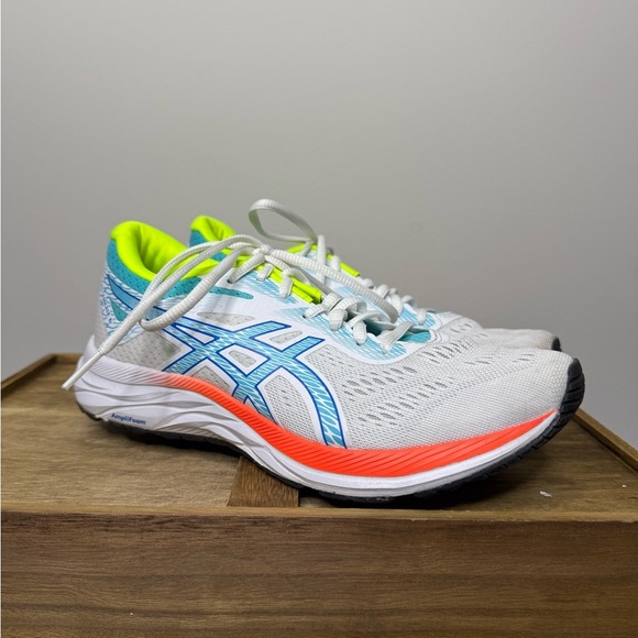 Asics Shoes - ASICS White Sneakers with Blue and Orange Accents